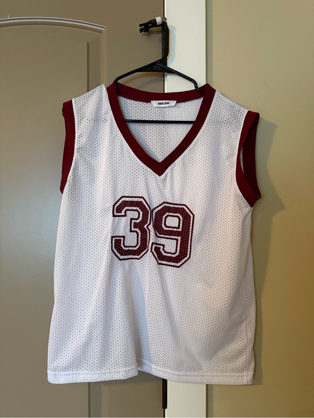 Anine Bing White Mesh Sports Jersey with Burgundy Trim & 39